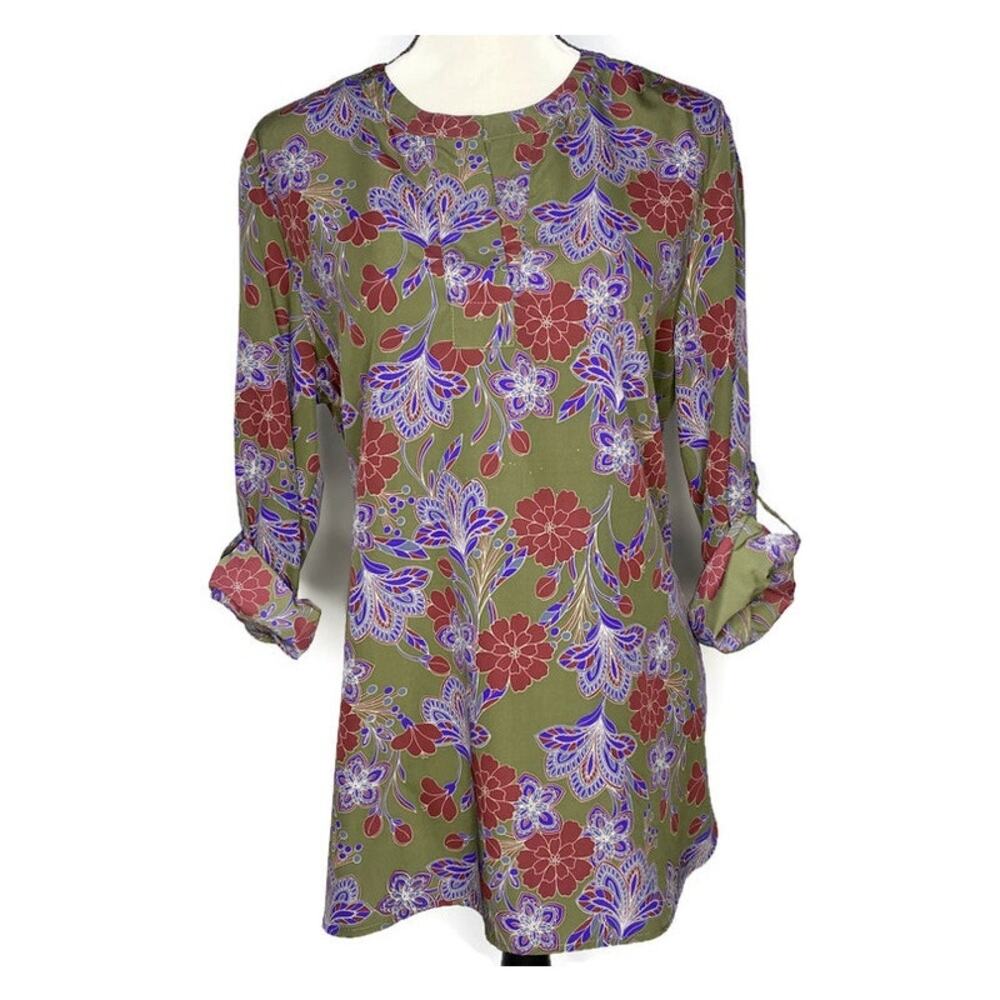Joe Fresh Top Women's Size Large Pullover Adjustable 3/4 Sleeves Green Red Blue